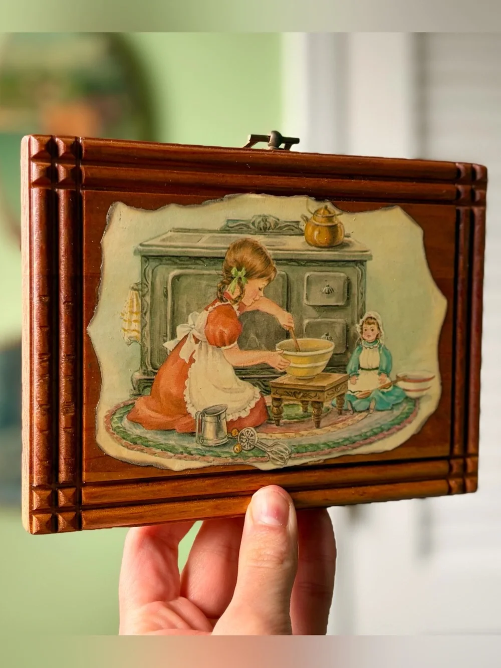 Vintage 1970s Wooden Plaque with Illustration of Girl Baking with Doll